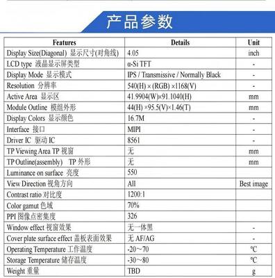 4.05" IPS TFT LCD Module with 540x1168 Resolution and MIPI Interface