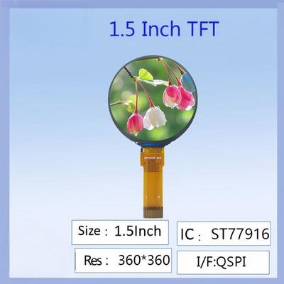 1.5-дюймовый круглый цветной TFT LCD дисплей, разрешение 360x360, драйвер IC ST77916, высокое разрешение, широкий угол обзора для носимых устройств/DIY электронных проектов/панелей промышленных приборов